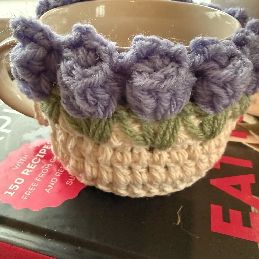 Handmade Crochet Floral Mug Cozy Purple & Green Cottagecore Coffee Cup Sleeve